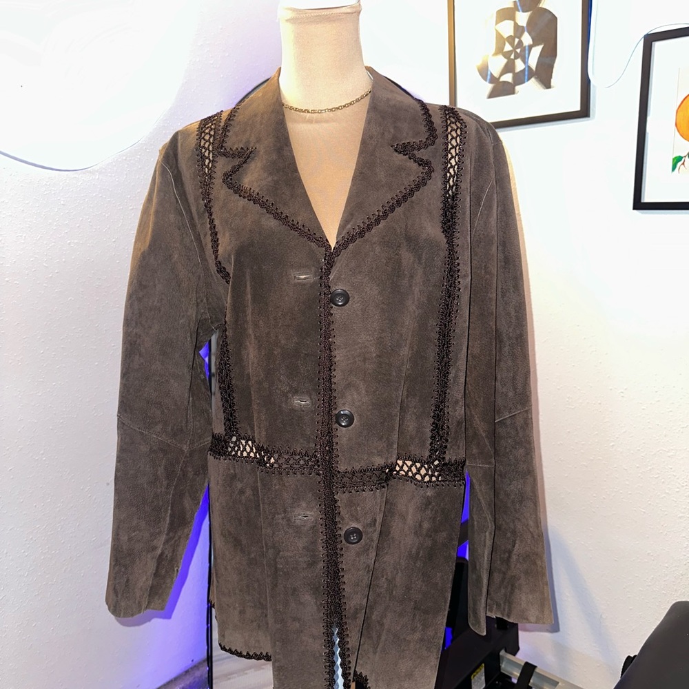 Vintage White Stag Brown Women's Blazer with Lace Trim